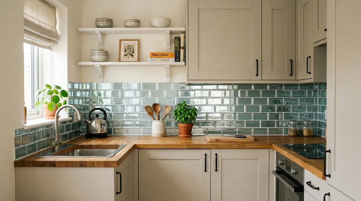 Budget glass-look backsplash tiles in a small kitchen